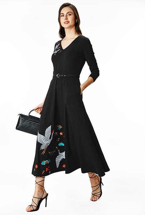 Bird and floral embroidery cotton jersey belted dress