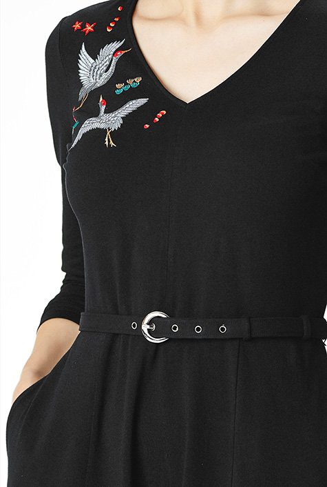 Shop Floral embroidery cotton jersey belted dress