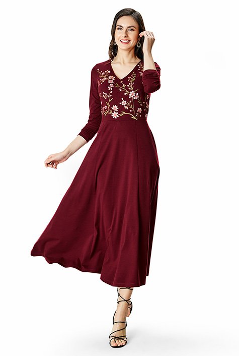 Floral embroidery cotton jersey A-line dress