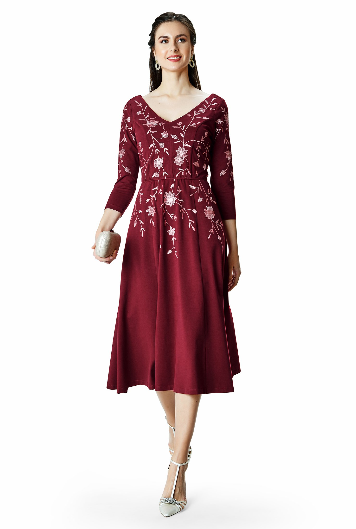 Shop Floral embroidery cotton jersey belted dress