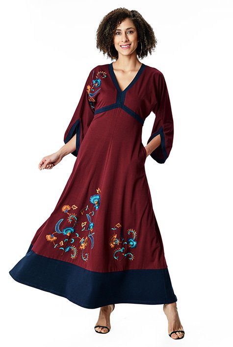 Shop Contrast trim paisley floral embroidery cotton jersey maxi dress ...