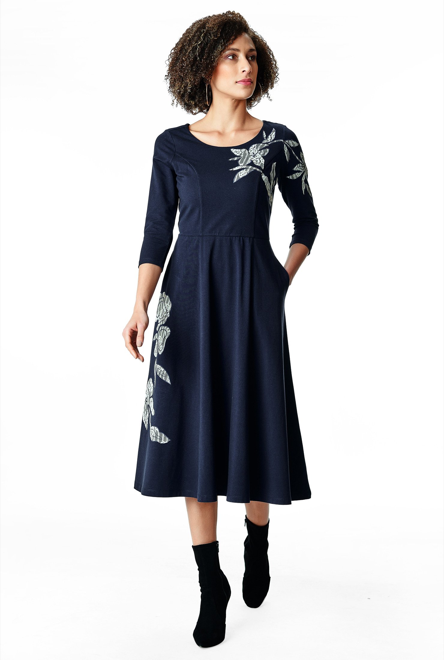 Shop Floral lace applique cotton jersey dress | eShakti