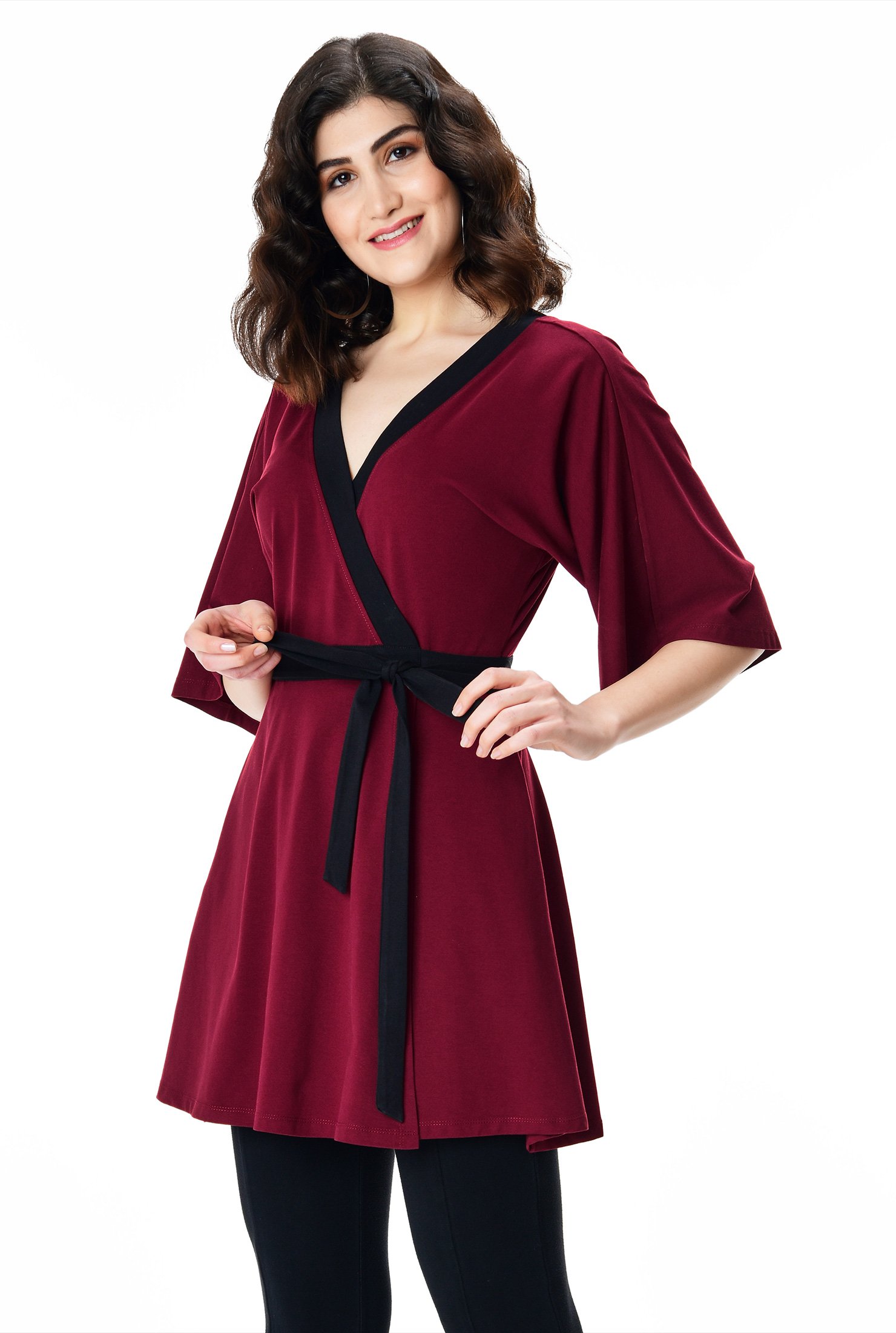 Shop Contrast trim cotton jersey wrap tunic | eShakti