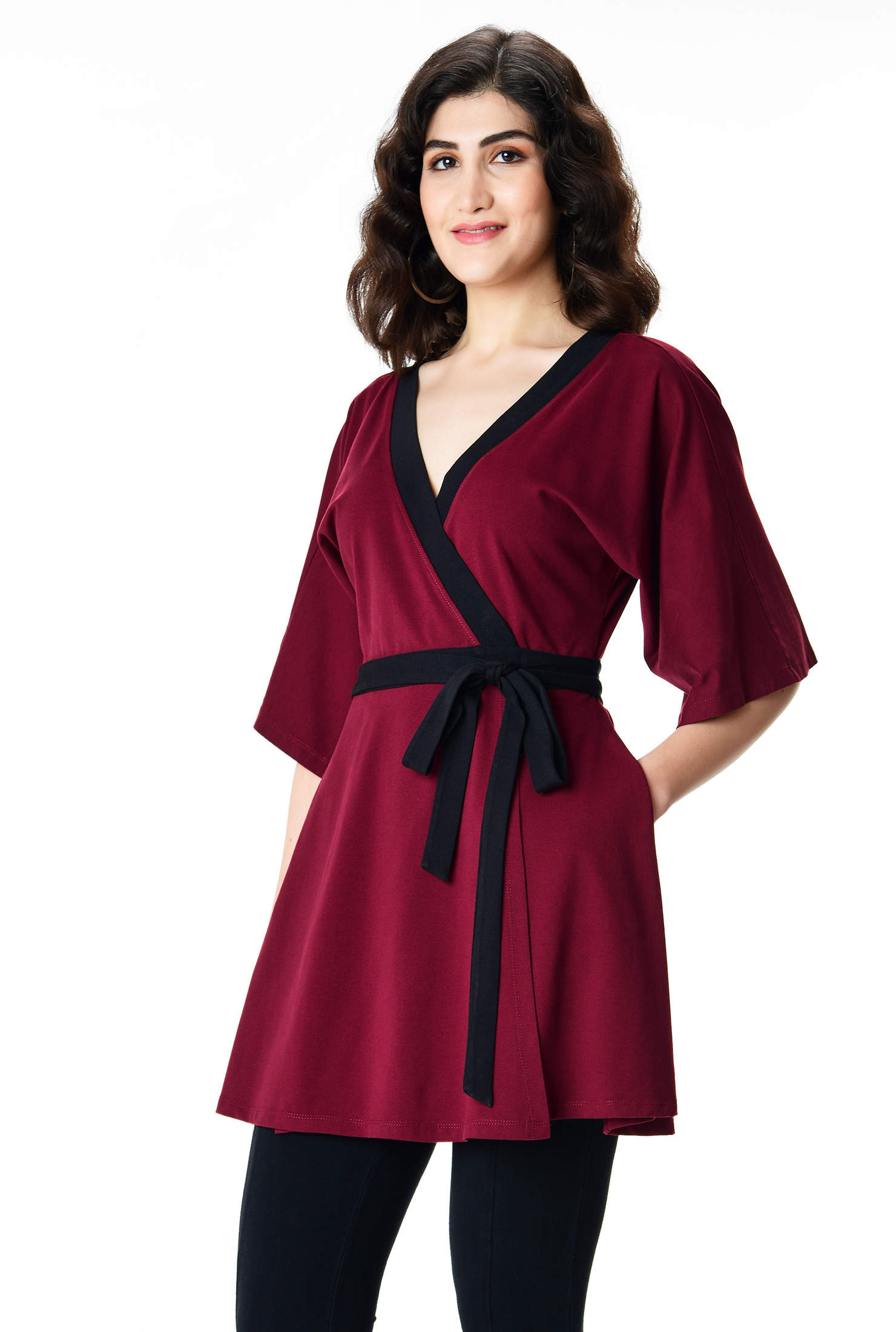 Shop Contrast trim cotton jersey wrap tunic eShakti