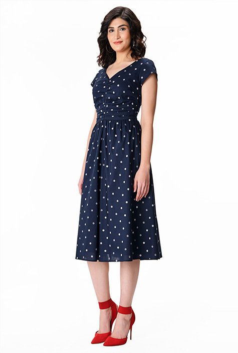Shop Ruched polka dot print cotton poplin dress | eShakti