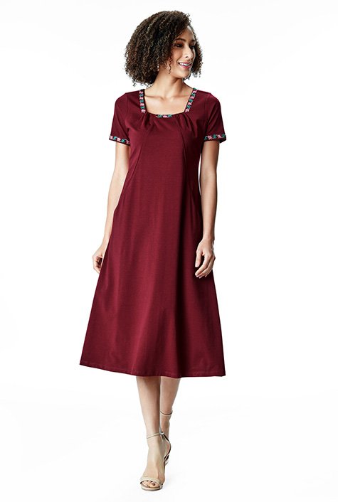 Shop Floral hand embroidery trim cotton jersey shift dress eShakti