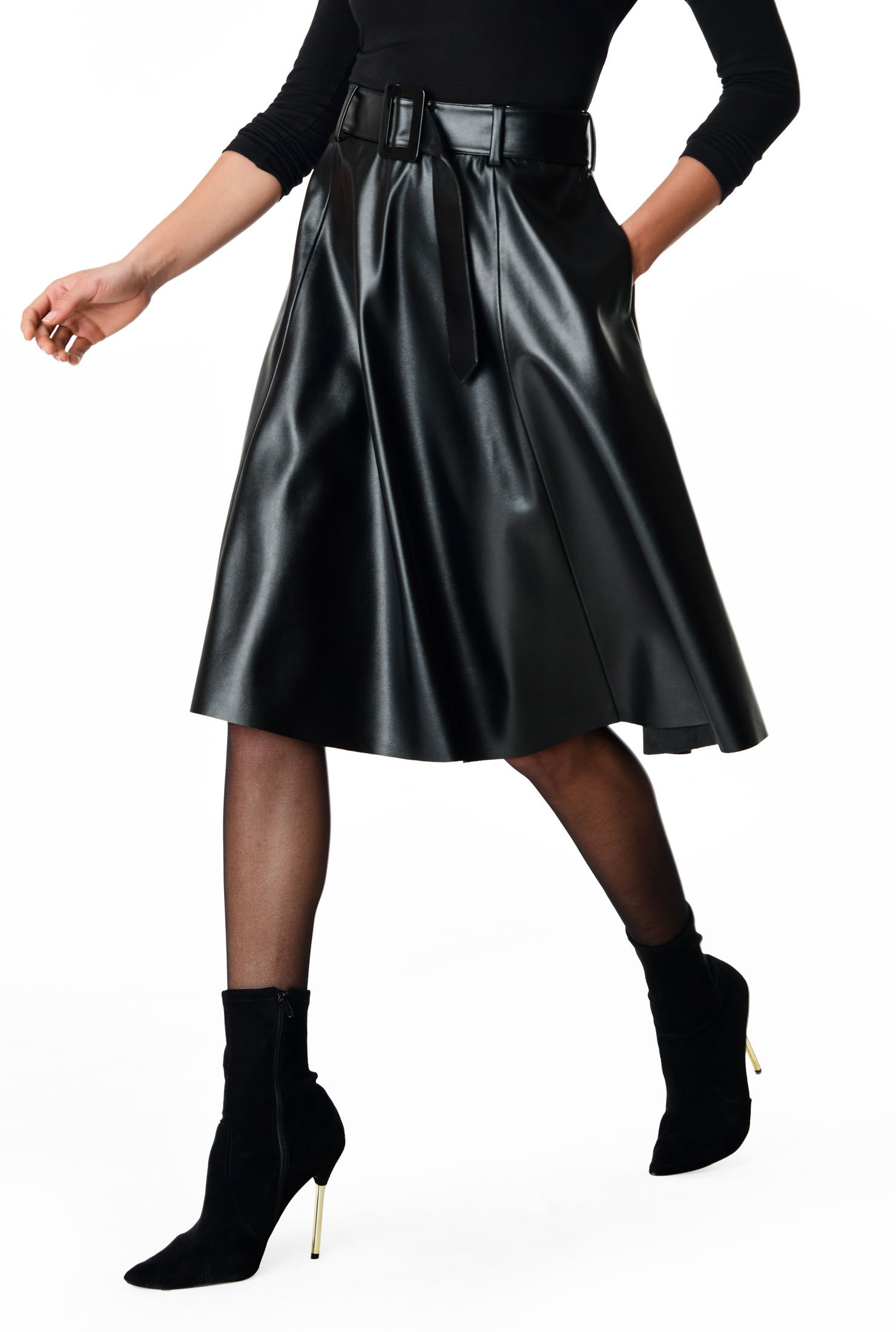 Shop Faux Leather Belted A Line Skirt Eshakti