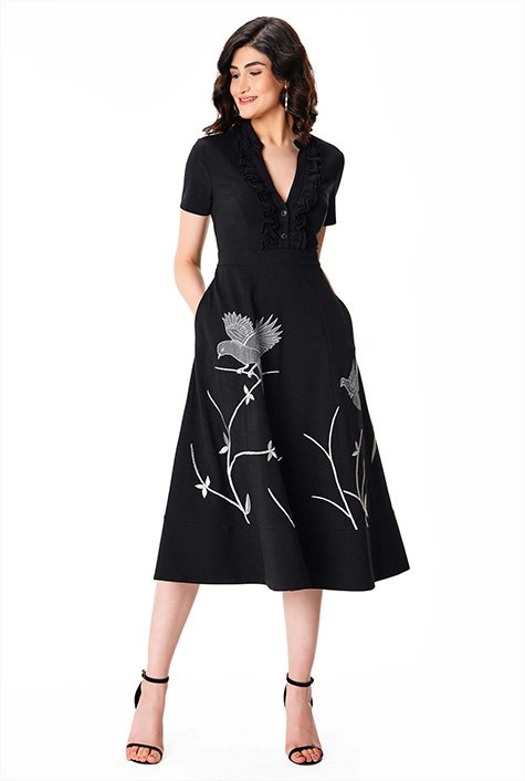 Bird embroidery cotton jersey dress