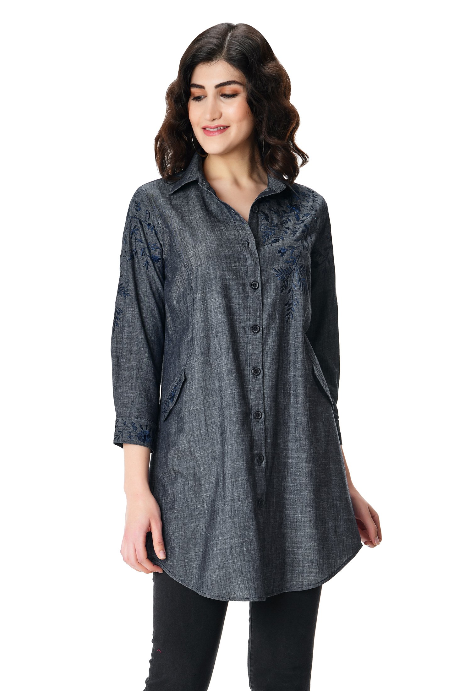 Shop Floral embroidered cotton chambray shirt | eShakti