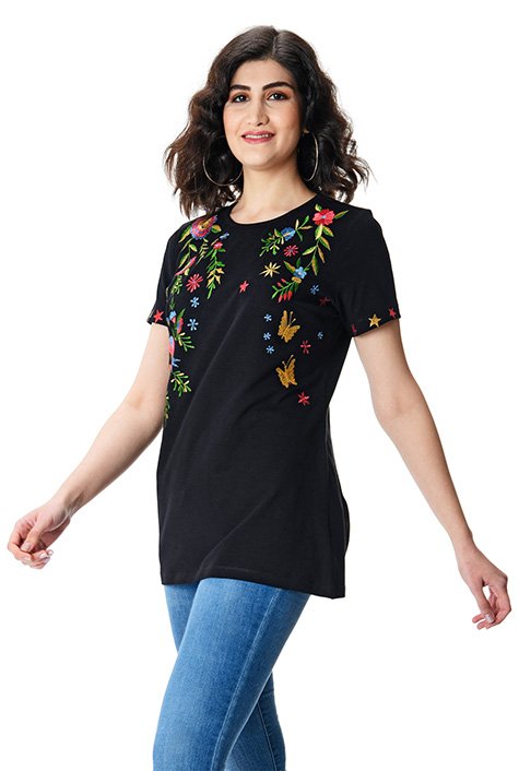 Shop Butterfly floral embroidery cotton jersey top | eShakti