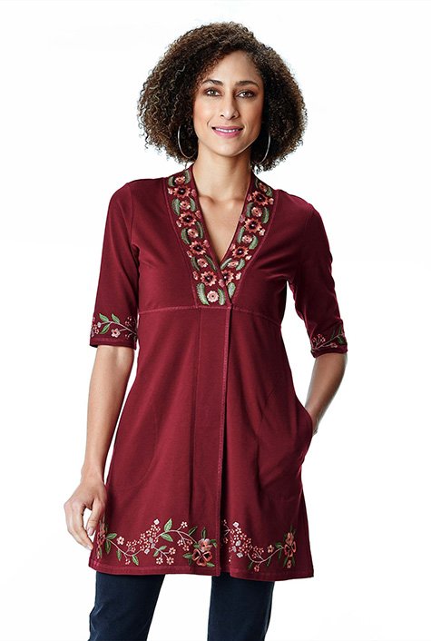 Shop Floral embroidery cotton jersey empire tunic | eShakti