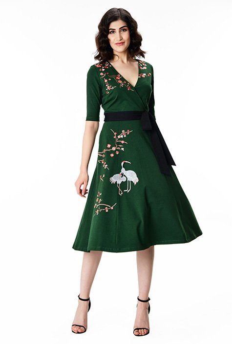 Shop Bird and floral vine embroidery cotton jersey surplice dress | eShakti
