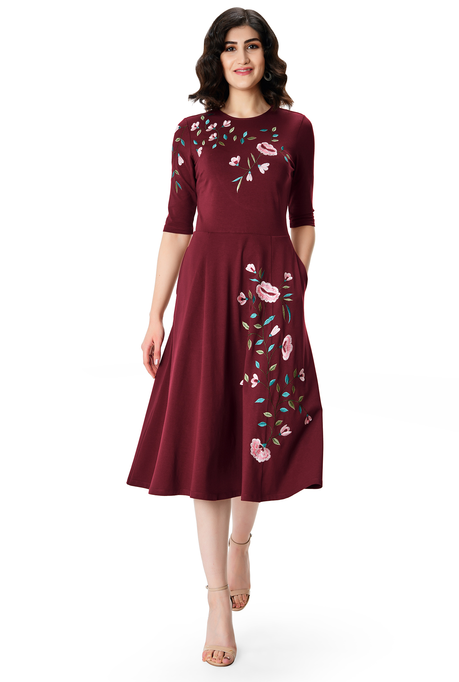 Shop Floral embroidery cotton jersey dress eShakti