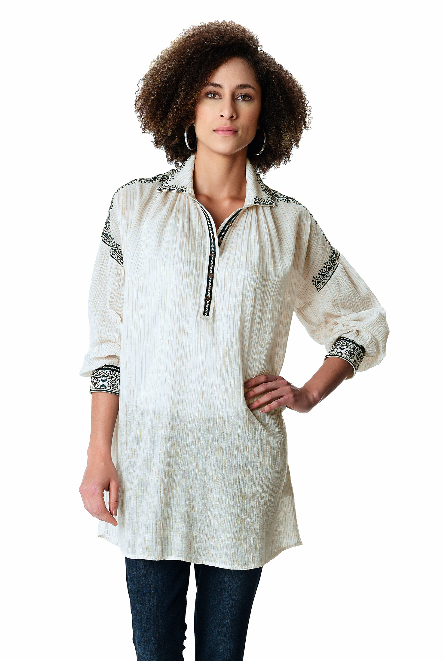 Shop Graphic embroidery lurex stripe gauze tunic eShakti
