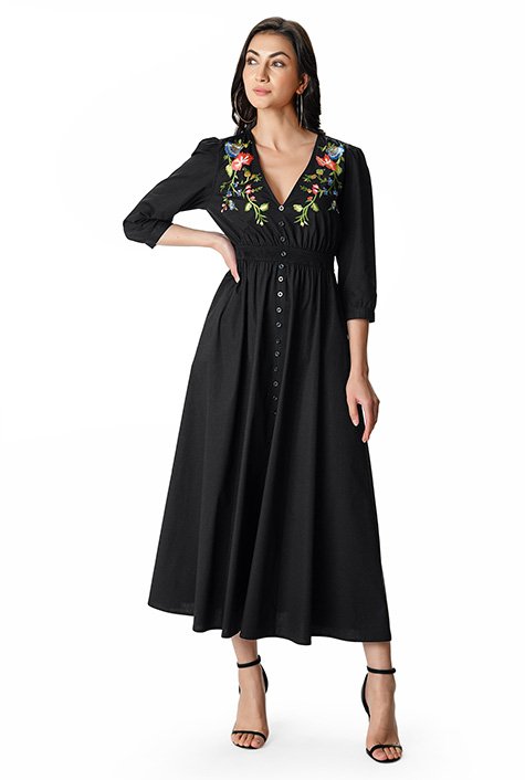 Shop Floral embellished cotton poplin dress | eShakti