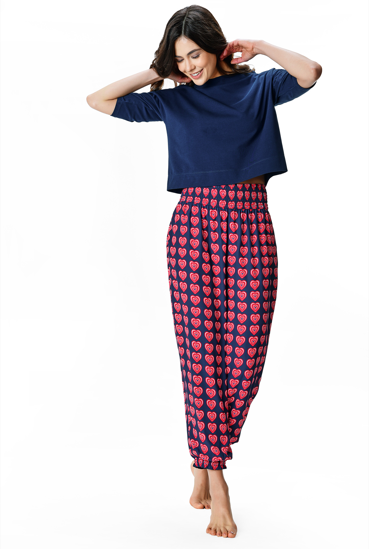 Shop Cotton jersey top and heart print crepe pajamas eShakti