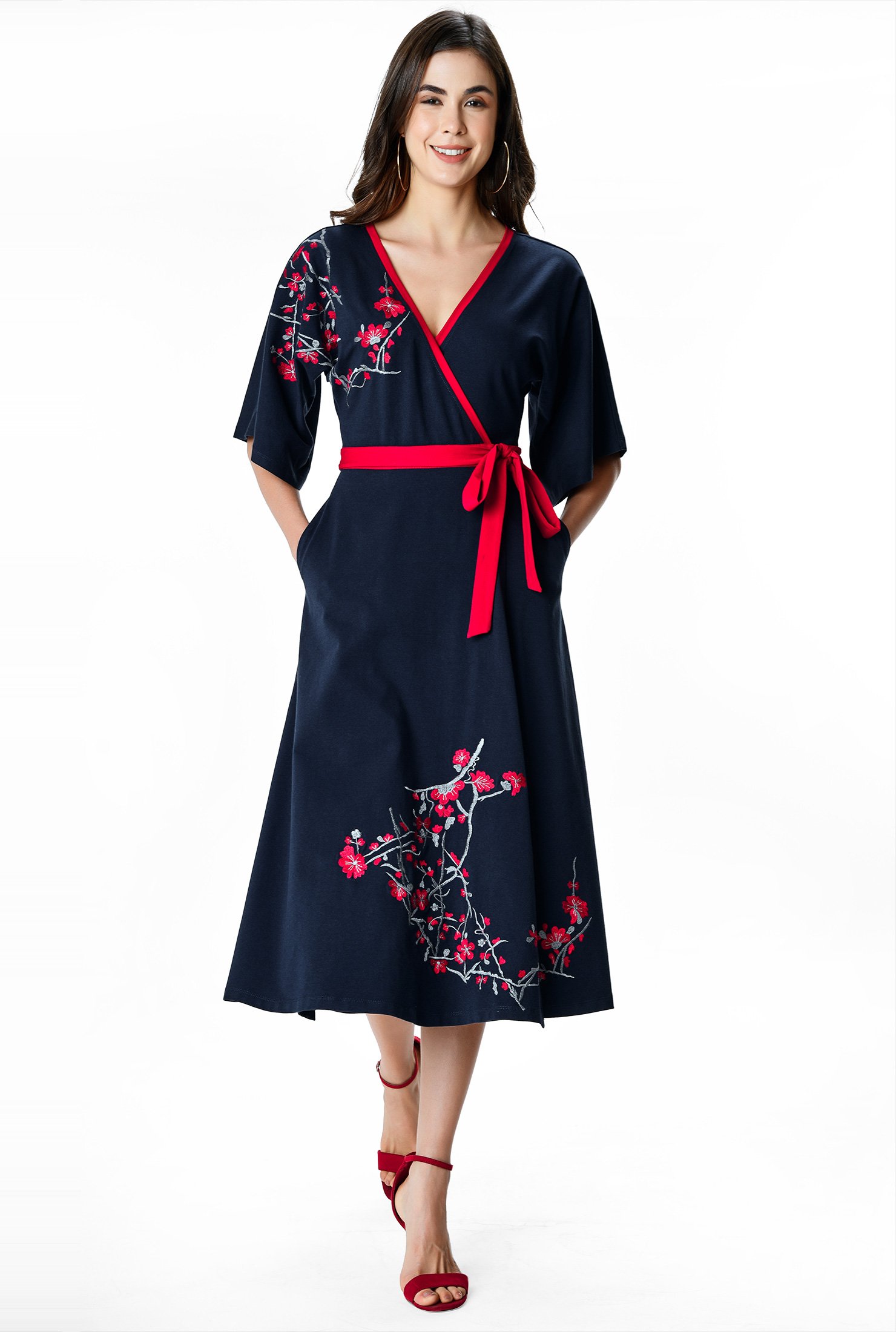 Shop Floral embroidery cotton jersey wrap dress | eShakti