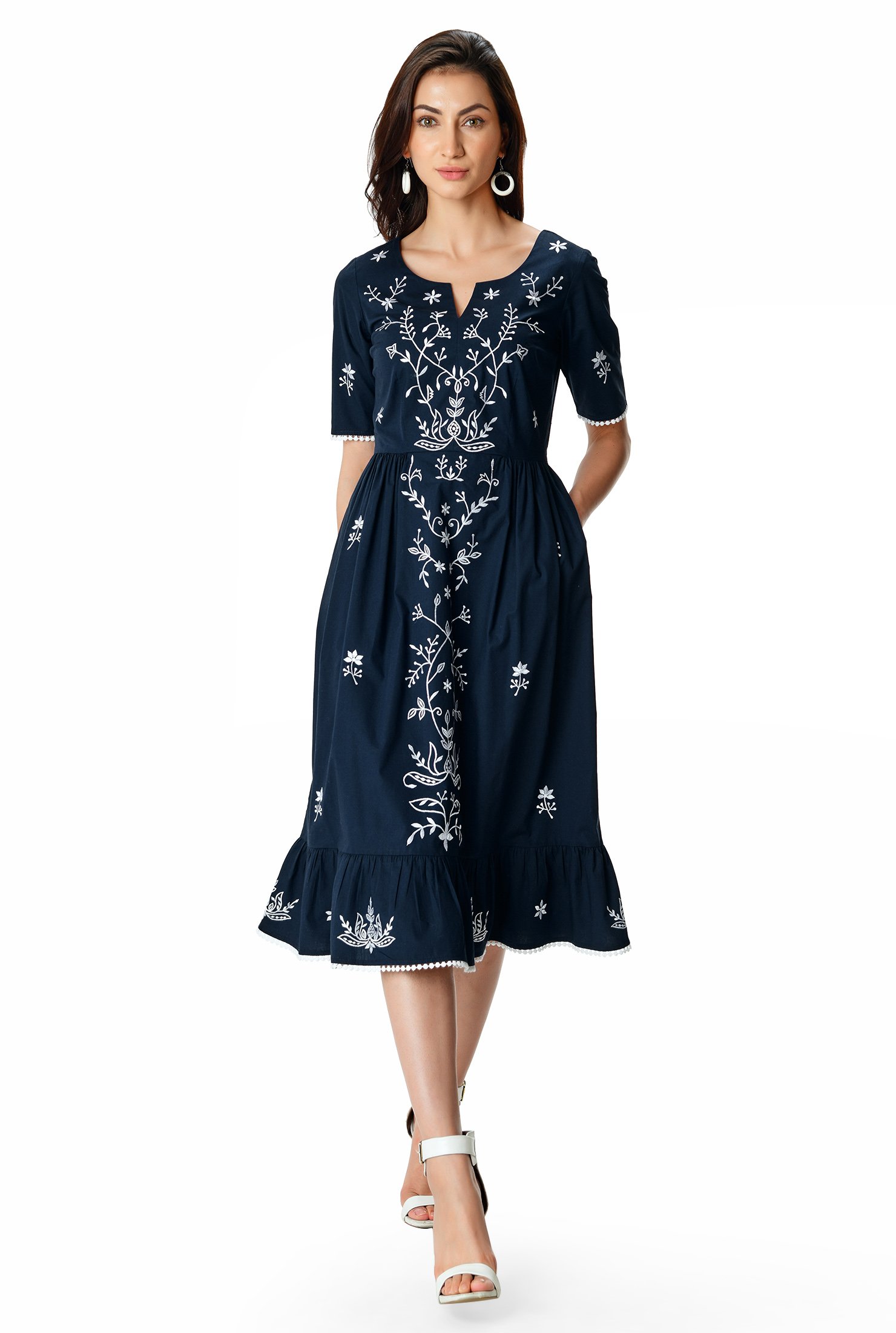 Shop Floral vine embroidery cotton poplin dress | eShakti