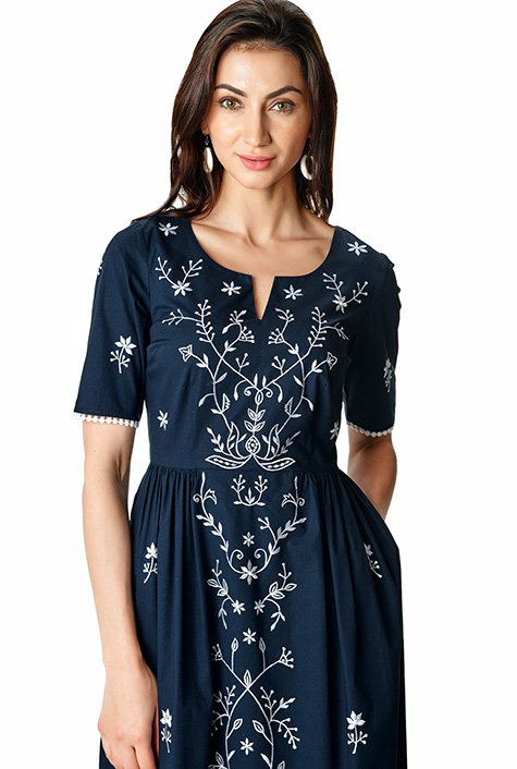 Floral vine embroidery cotton poplin dress