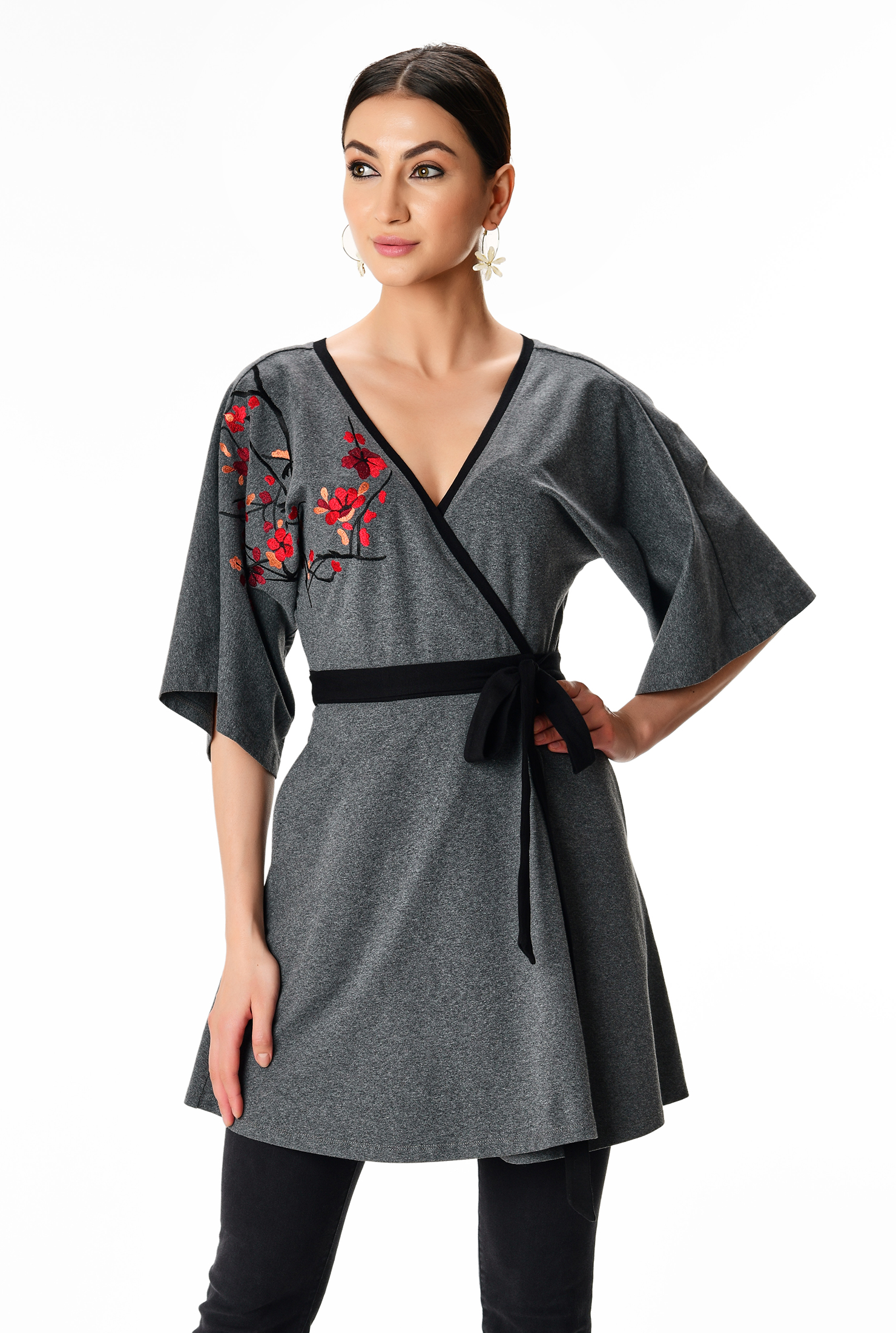 Shop Floral embroidery cotton jersey wrap top eShakti