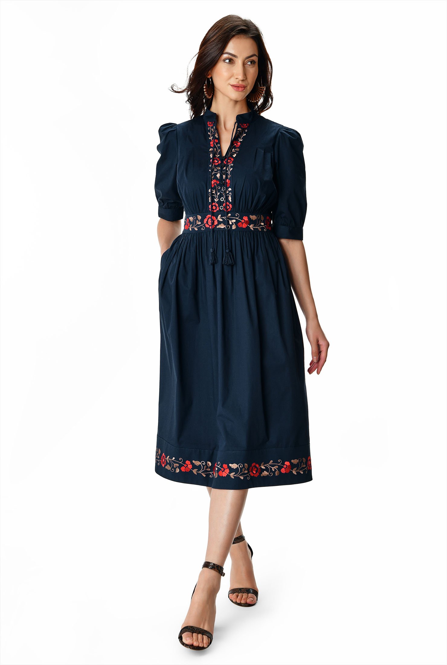 Floral vine embroidery cotton poplin dress