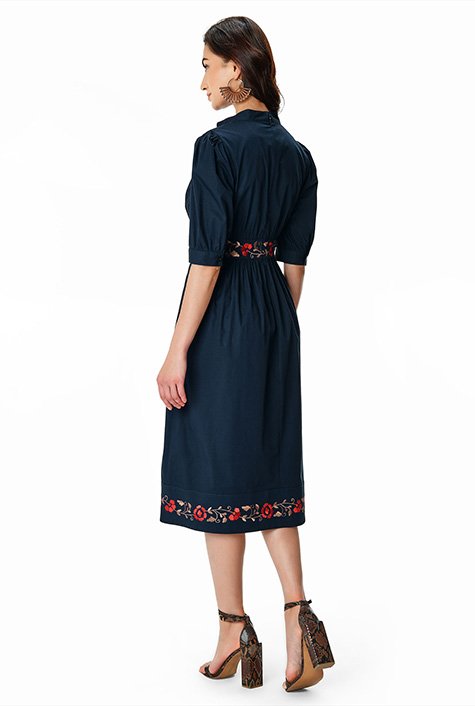 Floral vine embroidery cotton poplin dress