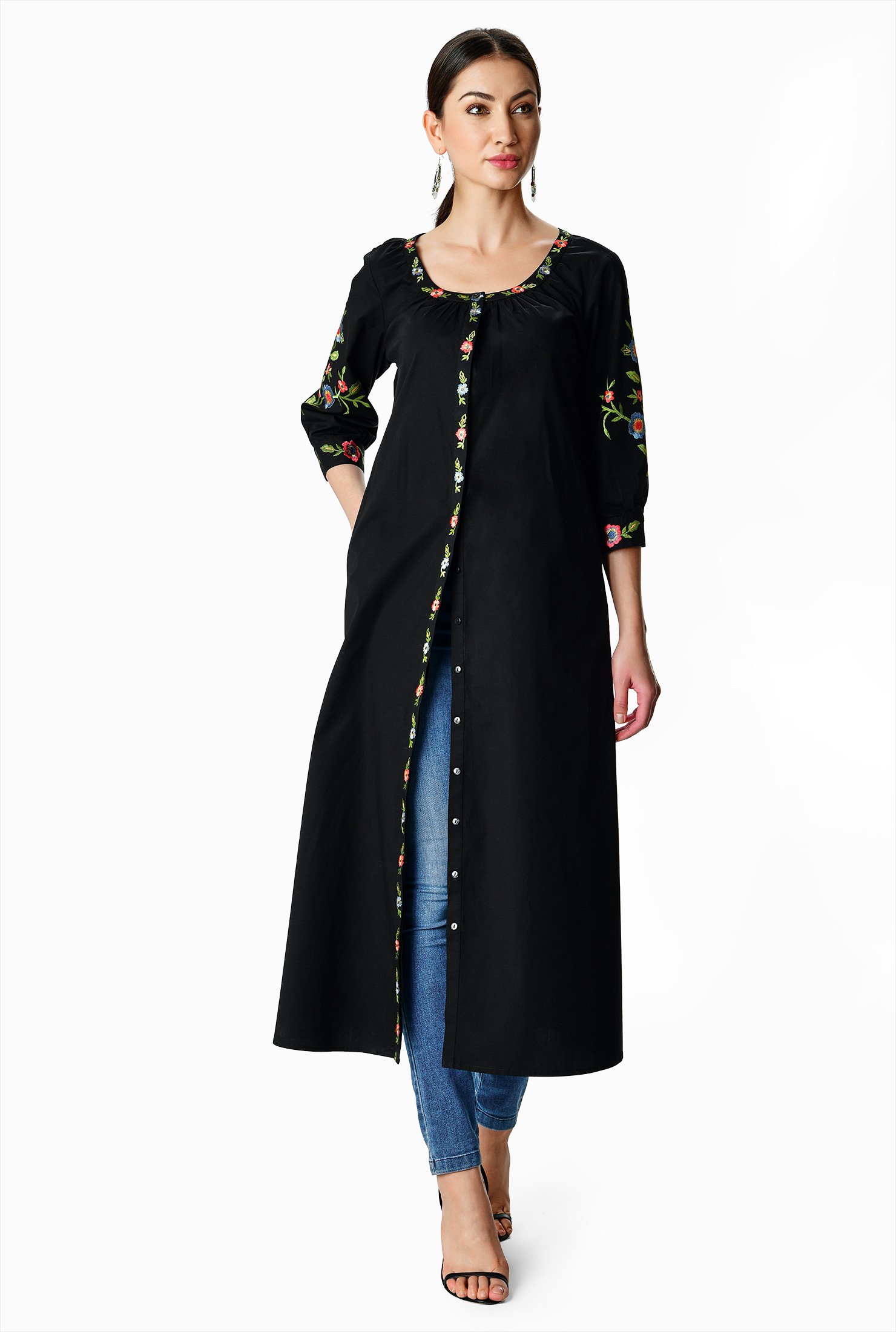 Shop Floral embroidery cotton poplin shift shirtdress | eShakti