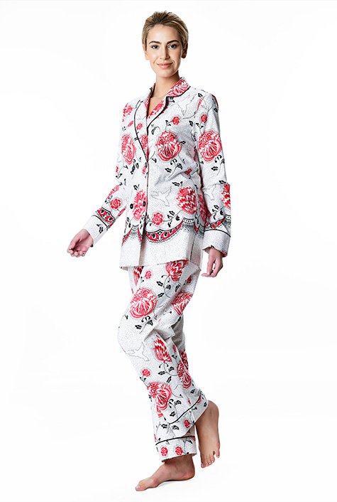 Shop Floral bird print cotton poplin pajamas
