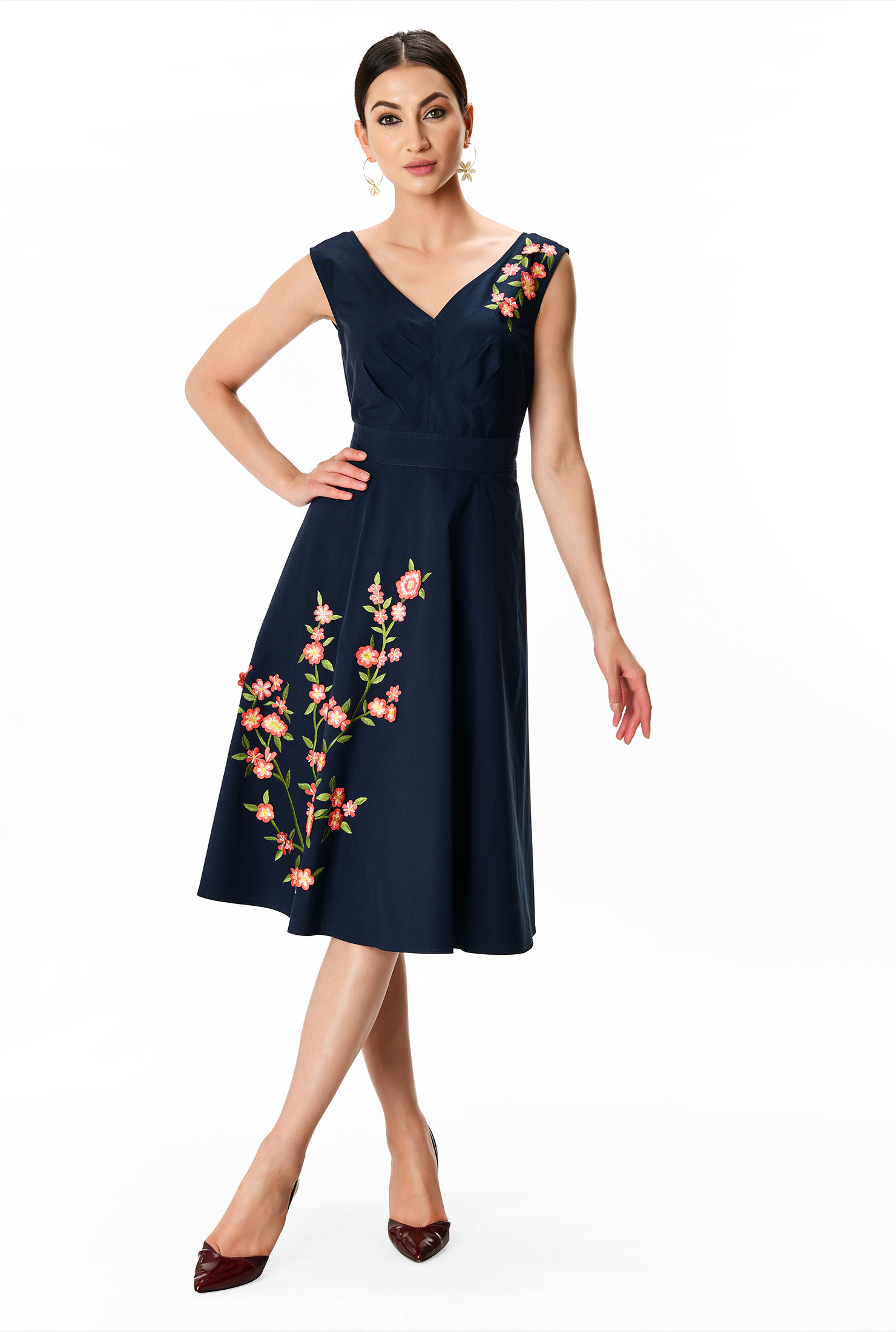 Shop Floral embroidery cotton poplin dress | eShakti