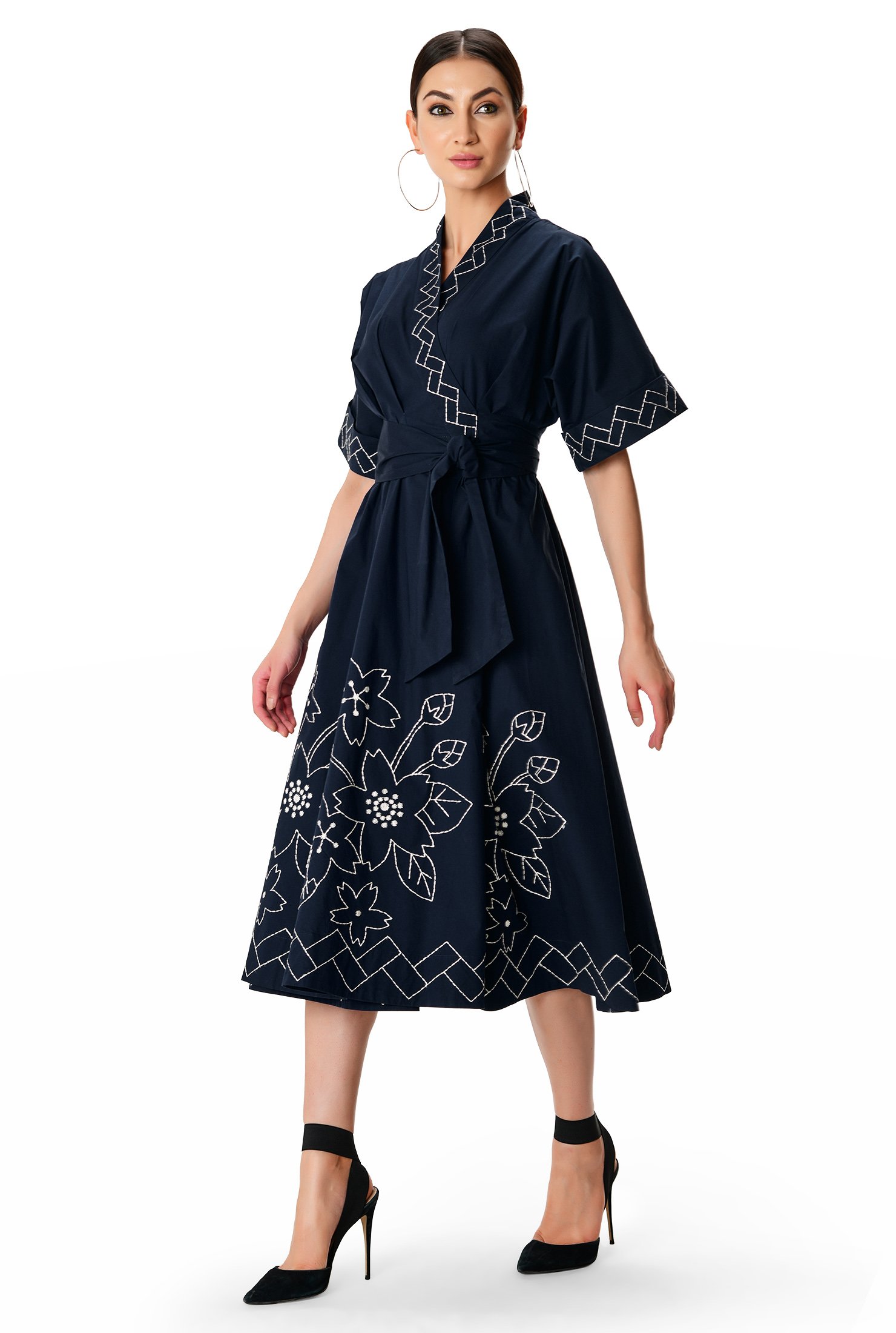 Shop Floral geo embroidery cotton poplin wrap dress | eShakti