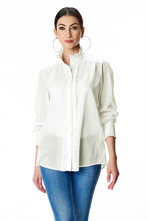 Shop Pintuck pleat cotton voile ruffle frill shirt | eShakti