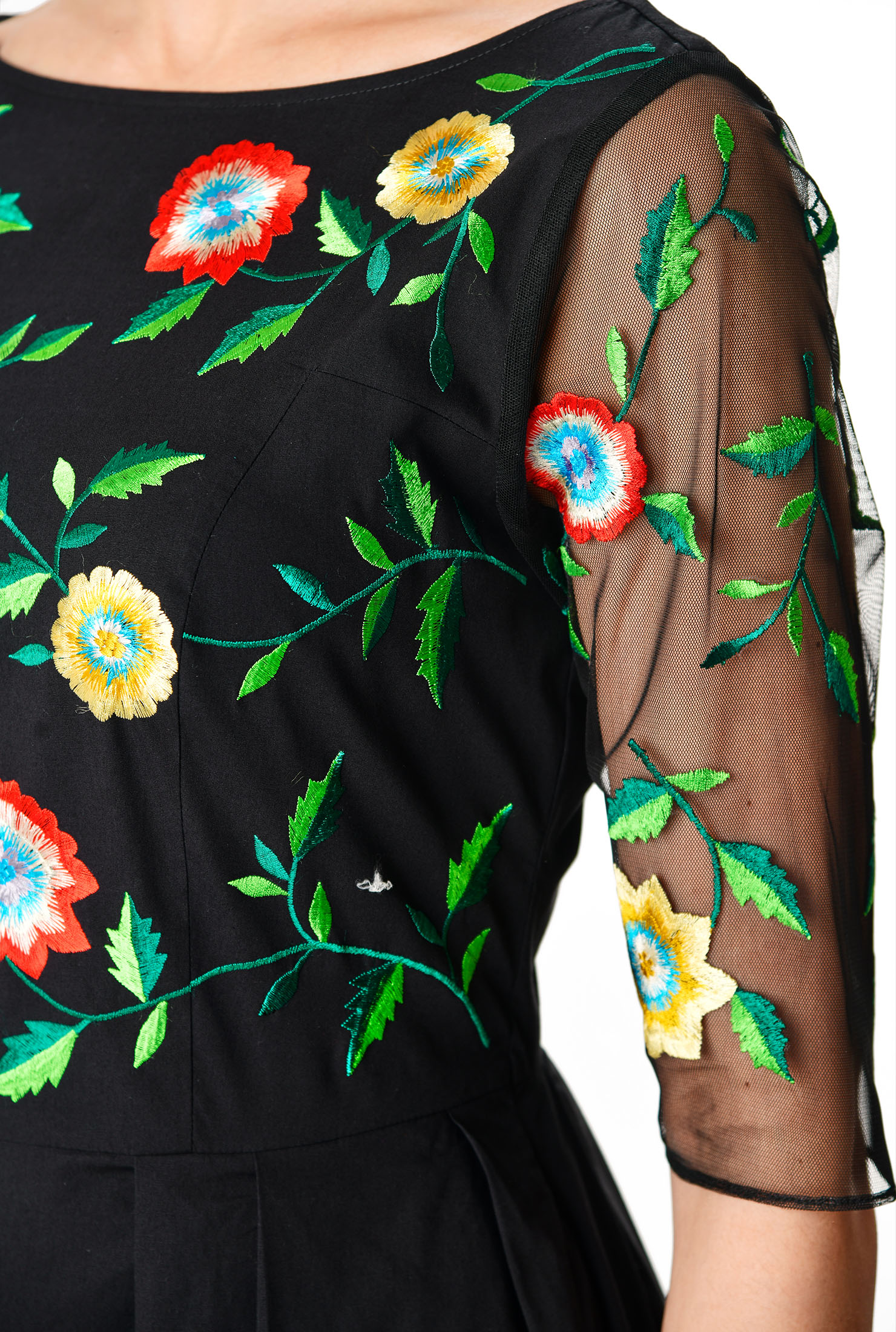 Shop Floral vine embroidery tulle cotton poplin dress eShakti