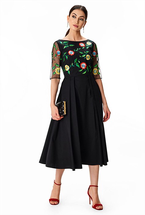 Shop Floral vine embroidery tulle cotton poplin dress | eShakti