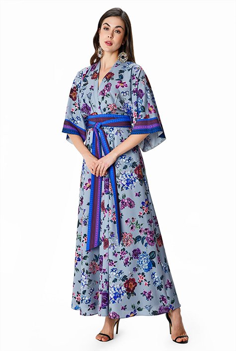 Floral print crepe sash tie kaftan