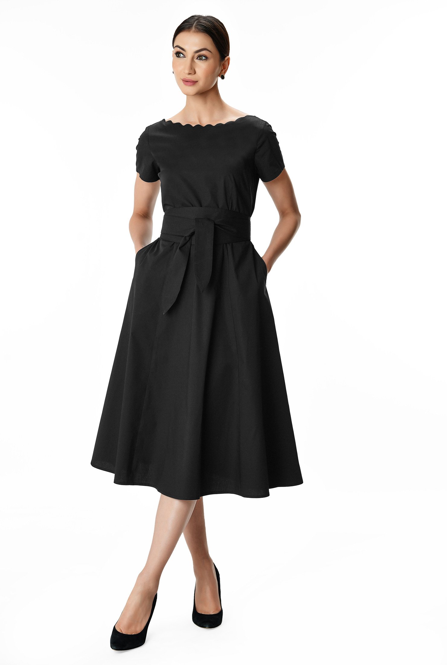 Shop Obi belt cotton poplin scallop trim dress | eShakti