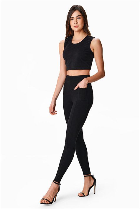 FAUX LEATHER-TRIMMED PONTE LEGGINGS