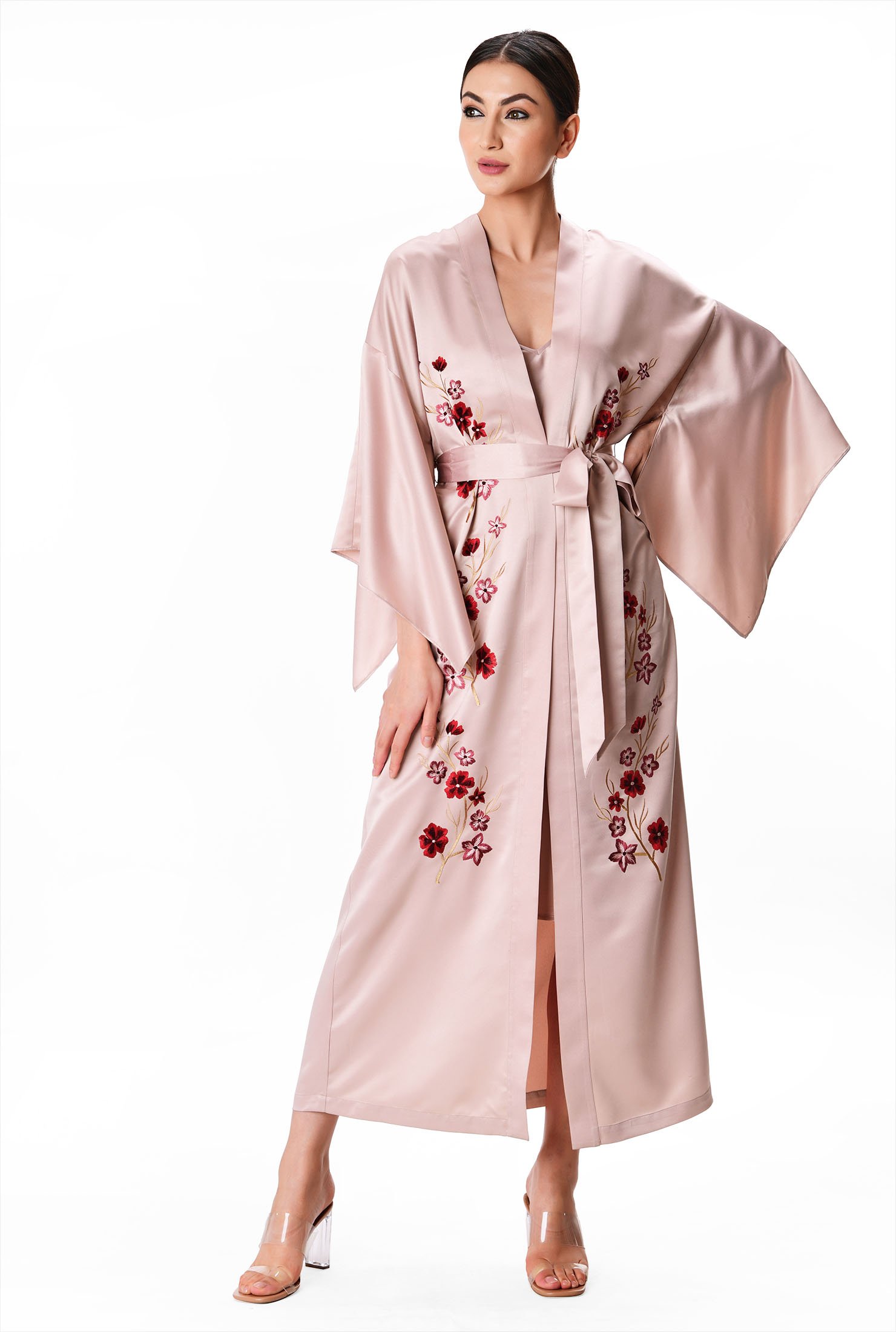 Shop Floral vine embroidery satin robe with slip dress | eShakti