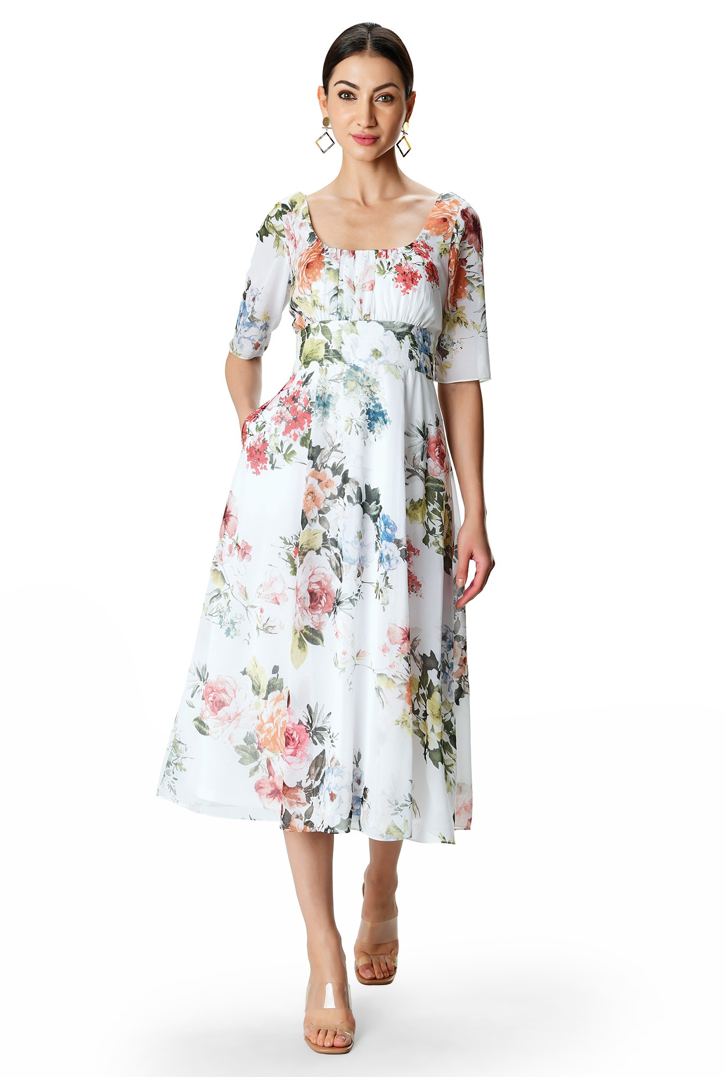 Shop Floral print georgette ruched dress | eShakti