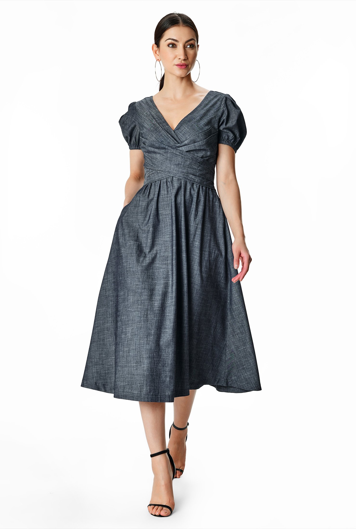 Shop Ruched Cross Front Cotton Chambray Dress Eshakti