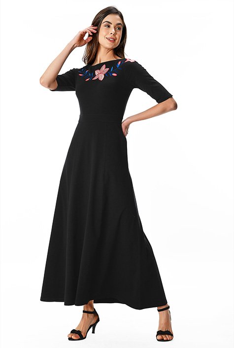 Shop Floral vine embroidery cotton jersey maxi dress | eShakti