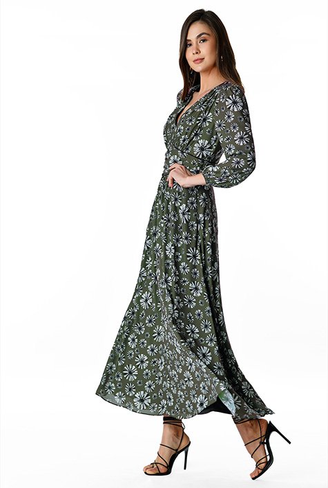Shop Faux button waist floral print crepe maxi dress | eShakti