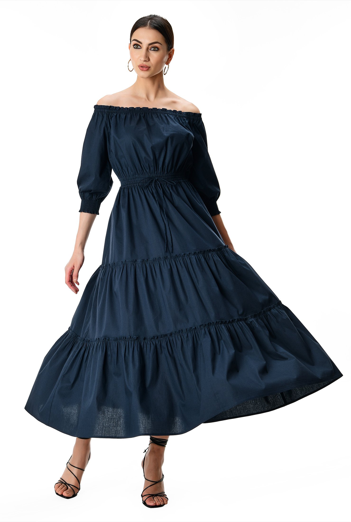 Shop Off-the-shoulder cotton poplin tier maxi dress | eShakti