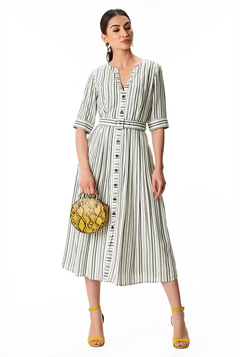 Shop Dobby stripe cotton belted shirtdress | eShakti