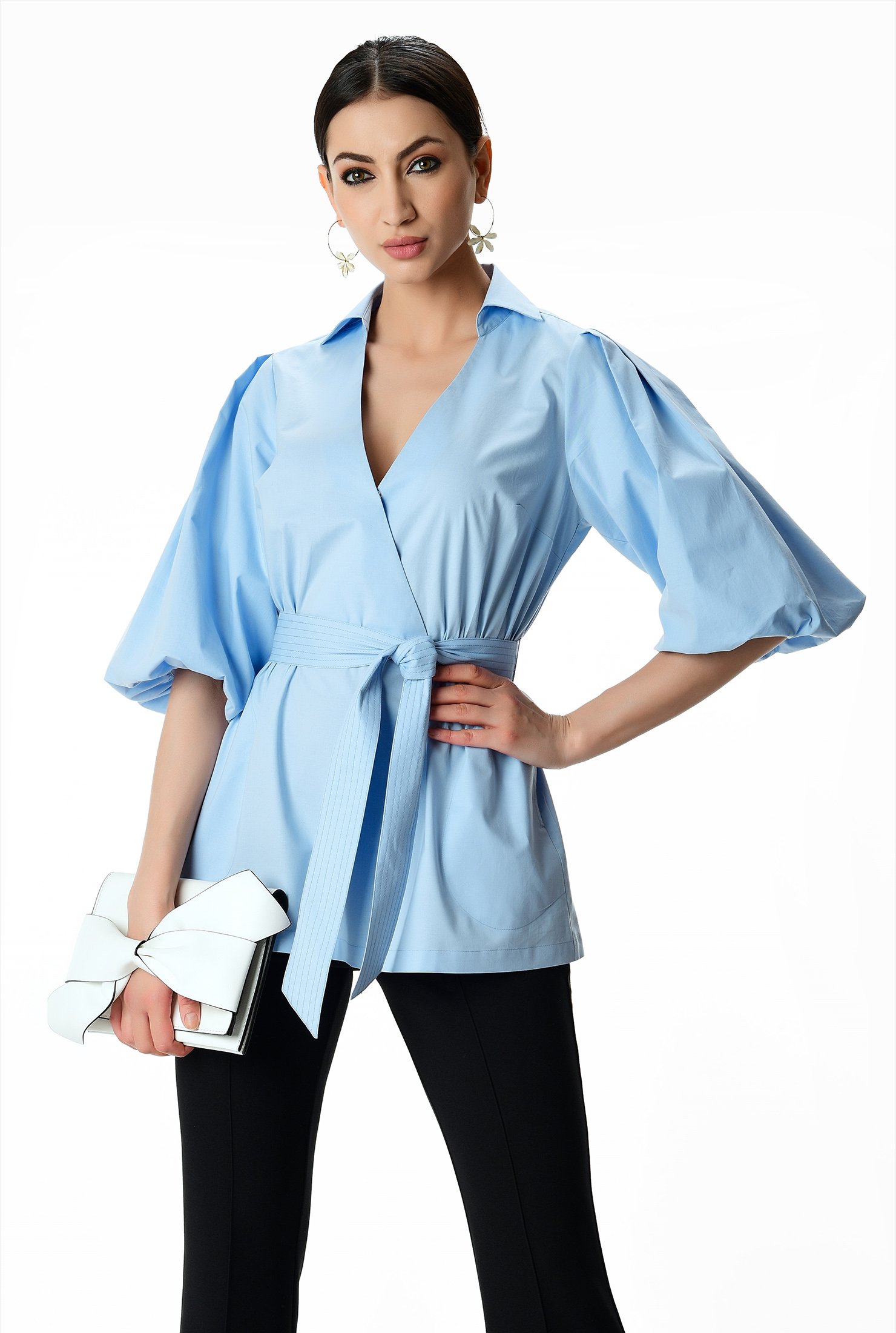 Shop Balloon sleeve cotton poplin surplice peplum blouse | eShakti