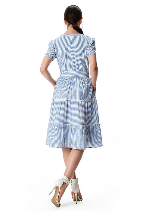 Lace trim stripe cotton tiered shirtdress
