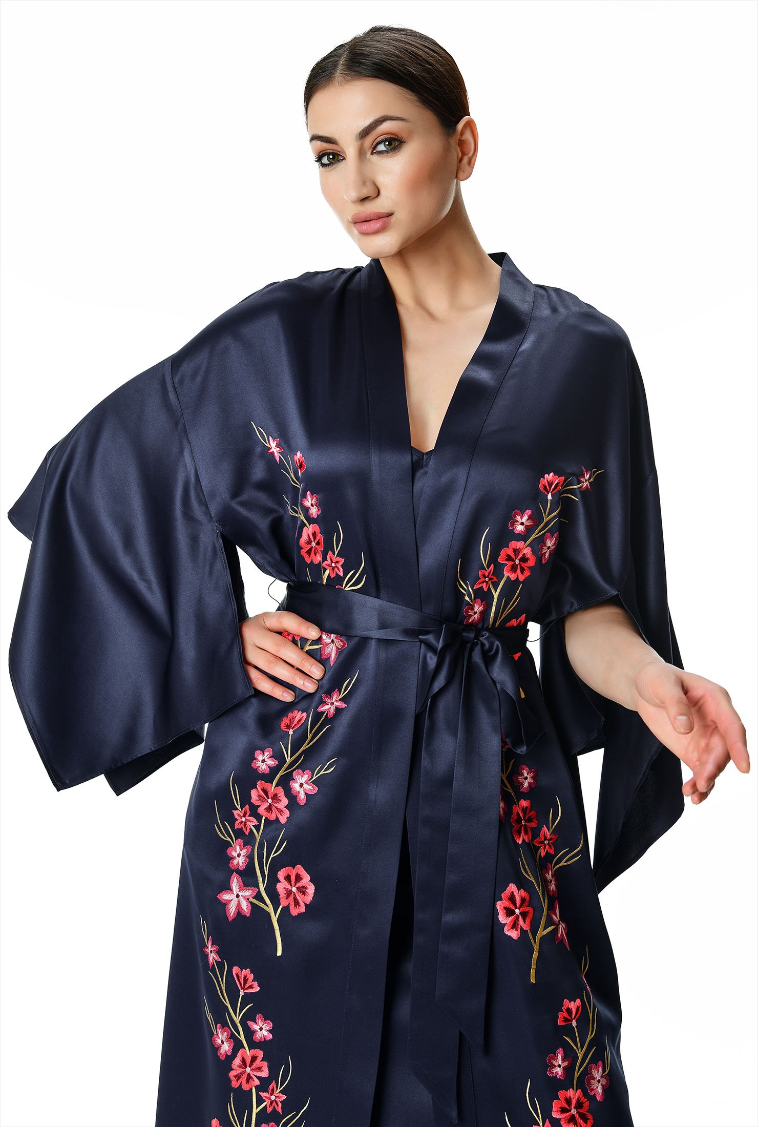 Shop Floral vine embroidery satin robe with inner slip | eShakti