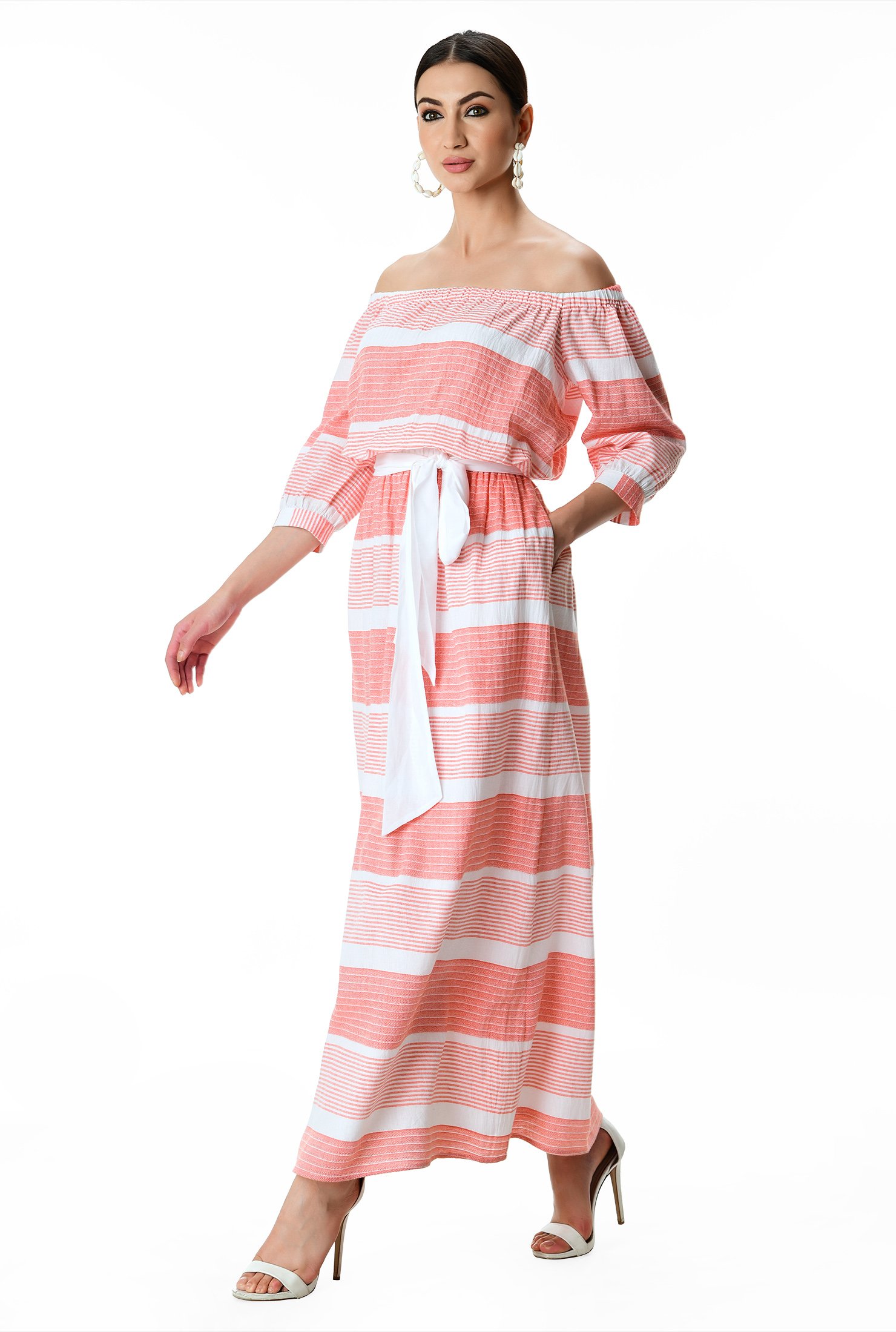 Shop Off-the-shoulder seersucker stripe cotton blend maxi dress | eShakti