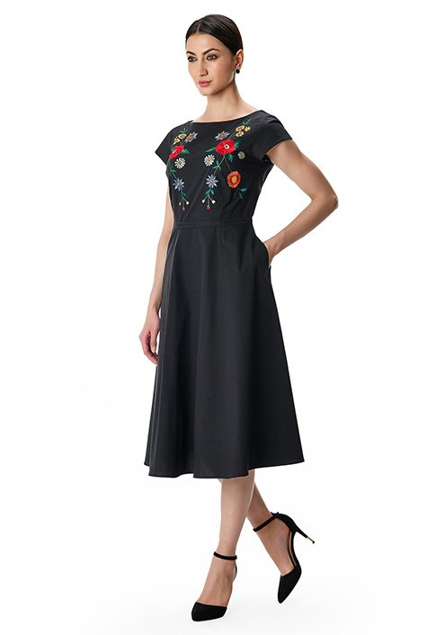 Shop Floral vine embroidery cotton poplin dress | eShakti