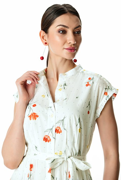 Floral print cotton voile ruffle trim shirtdress