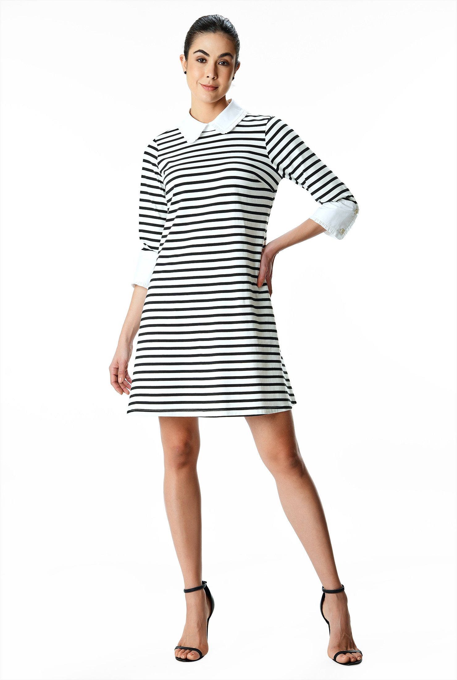 Our polished shift dress with a flared hem in contemporary stripe cotton jersey knit gets an air of retro-chic from a contrast collar and cuffs.